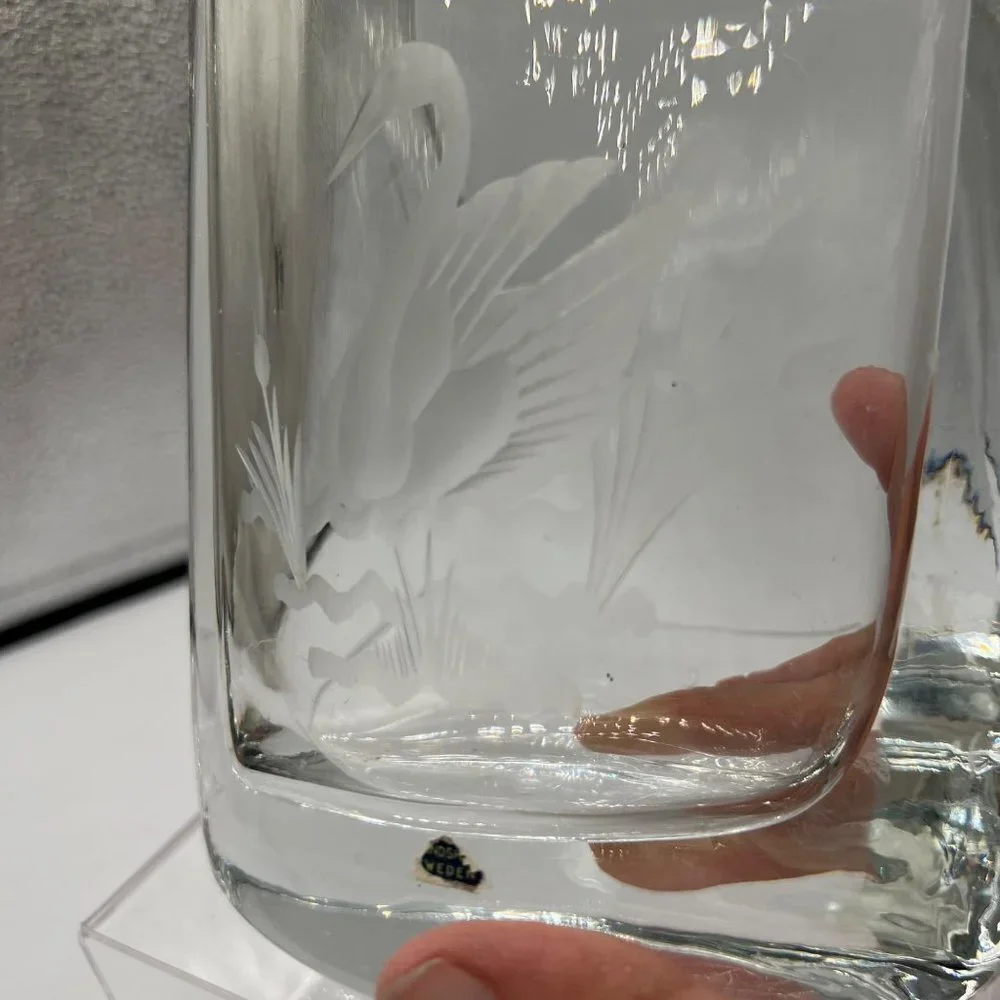 SMALANDSHYTTAN JOSEF SCHOTT Crystal Etched Vase ~ Heavy Art Glass Oval Vase with